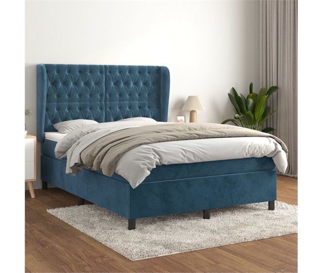 Conforama Cama Box Spring Con Colchón Terciopelo Azul Oscuro 140x190 Cm Diseño De Botones