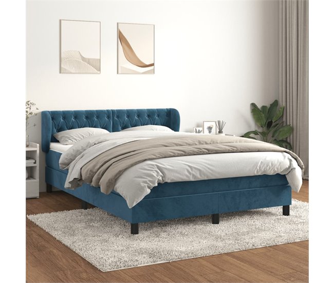 Conforama Cama Box Spring Con Colchón Terciopelo Azul Oscuro 140x190 Cm Diseño De Botones