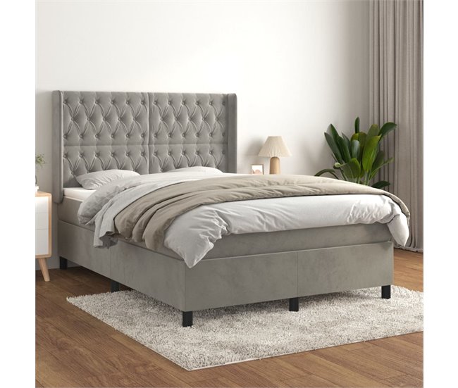 Conforama Cama Box Spring Con Colchón Terciopelo Gris Claro 140x200 Cm Diseño De Botones