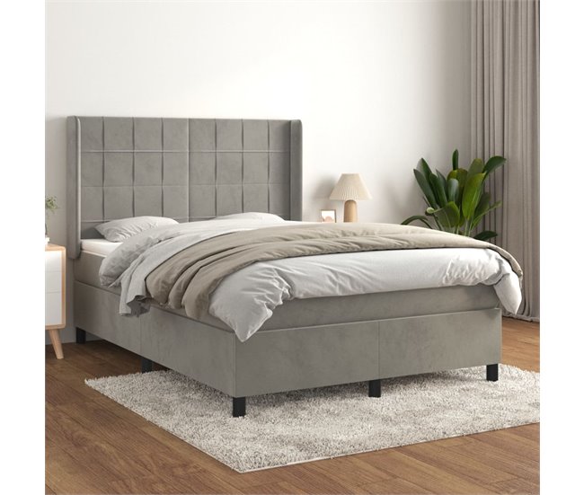 Conforama Cama Box Spring Con Colchón Terciopelo Gris Claro 140x200 Cm Bloques Con Cuadros