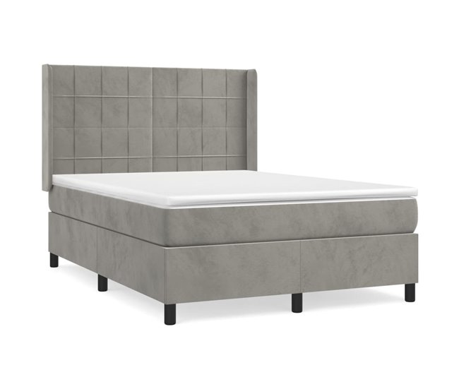 Conforama Cama box spring con colchón terciopelo gris claro 140x200 cm Bloques con cuadros