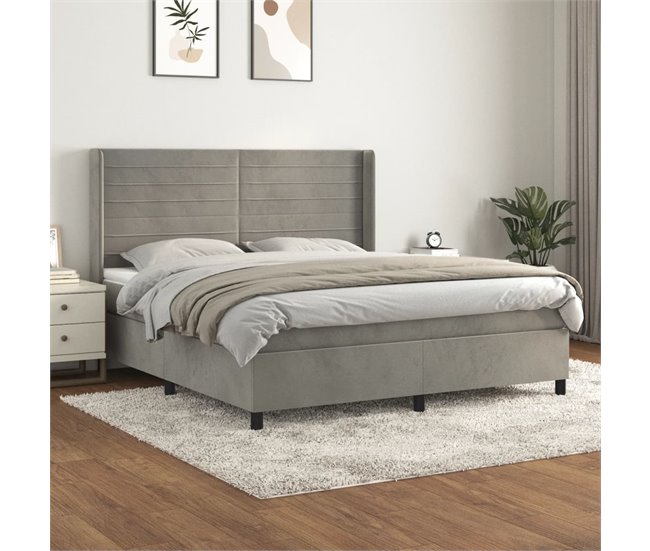 Conforama Cama Box Spring Con Colchón Terciopelo Gris Claro 160x200 Cm Rayas Horizontales