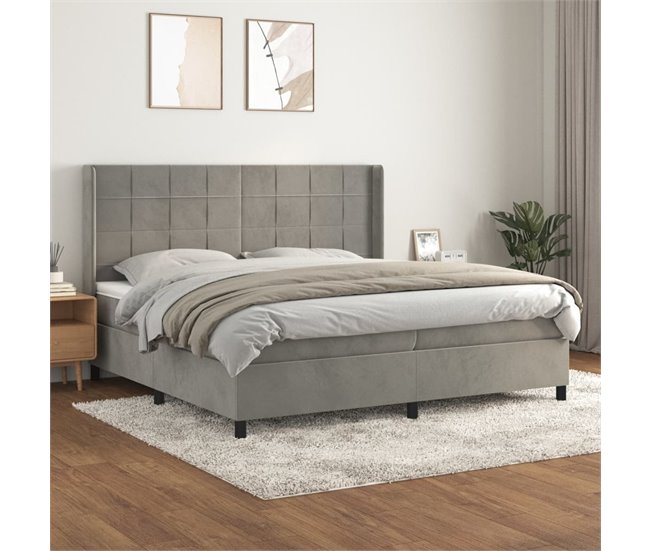Conforama Cama Box Spring Con Colchón Terciopelo Gris Claro 200x200 Cm Bloques Con Cuadros