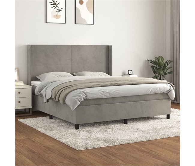 Conforama Cama Box Spring Con Colchón Terciopelo Gris Claro 160x200 Cm Diseño Plano