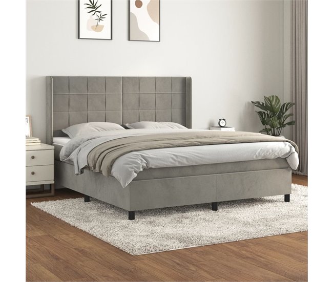 Conforama Cama Box Spring Con Colchón Terciopelo Gris Claro 160x200 Cm Bloques Con Cuadros