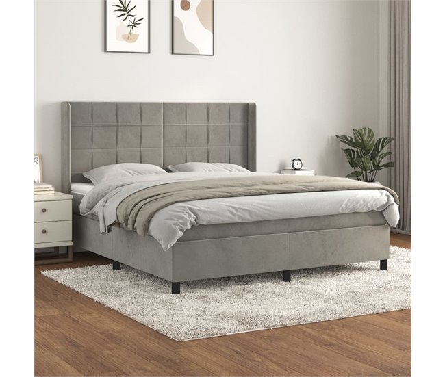 Conforama Cama Box Spring Con Colchón Terciopelo Gris Claro 180x200 Cm Bloques Con Cuadros