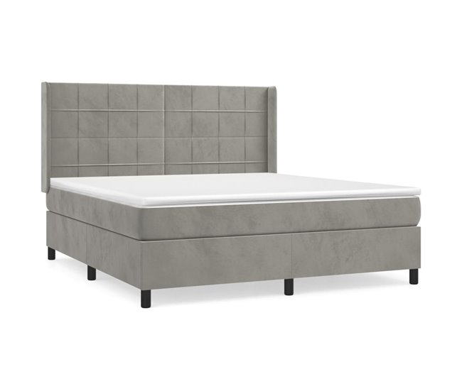 Conforama Cama box spring con colchón terciopelo gris claro 180x200 cm Bloques con cuadros