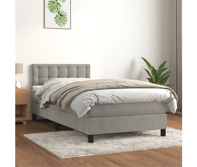 Conforama Cama Box Spring Con Colchón Terciopelo Gris Claro 80x200 Cm Botones