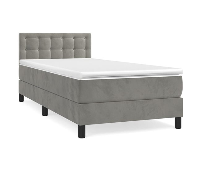 Conforama Cama box spring con colchón terciopelo gris claro 80x200 cm Botones