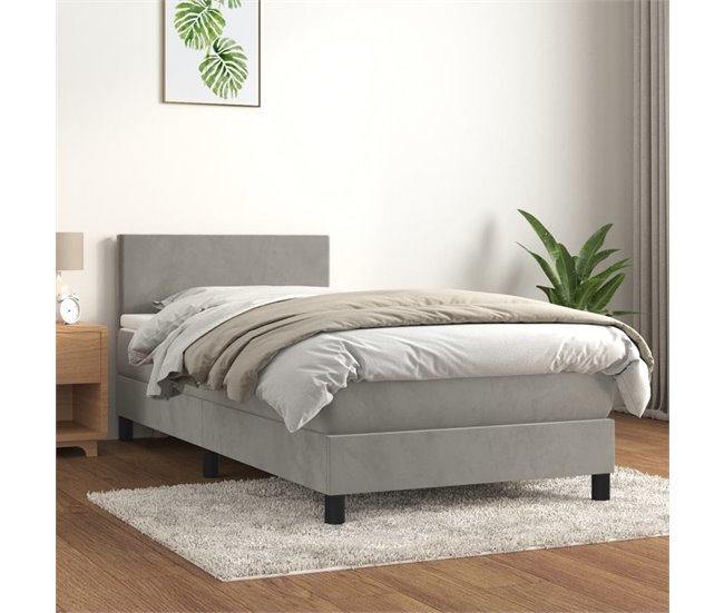 Conforama Cama Box Spring Con Colchón Terciopelo Gris Claro 90x190 Cm Diseño Plano