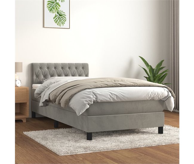 Conforama Cama Box Spring Con Colchón Terciopelo Gris Claro 90x190 Cm Diseño De Botones