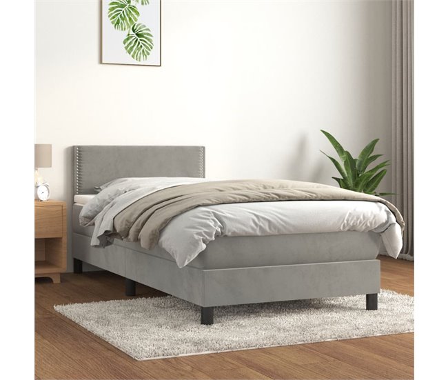 Conforama Cama Box Spring Con Colchón Terciopelo Gris Claro 90x190 Cm Liso Con Clavos