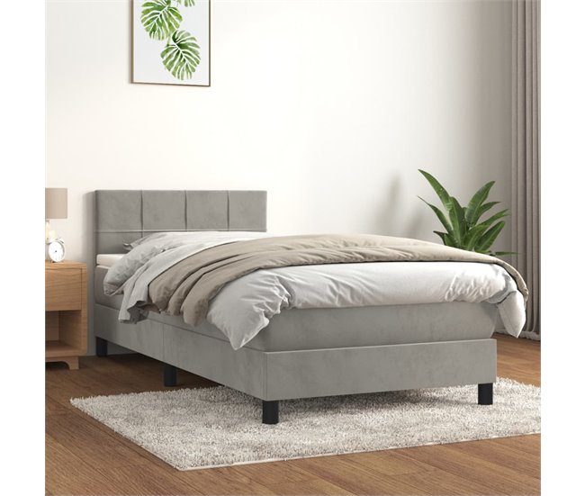 Conforama Cama Box Spring Con Colchón Terciopelo Gris Claro 80x200 Cm Bloques Con Cuadros