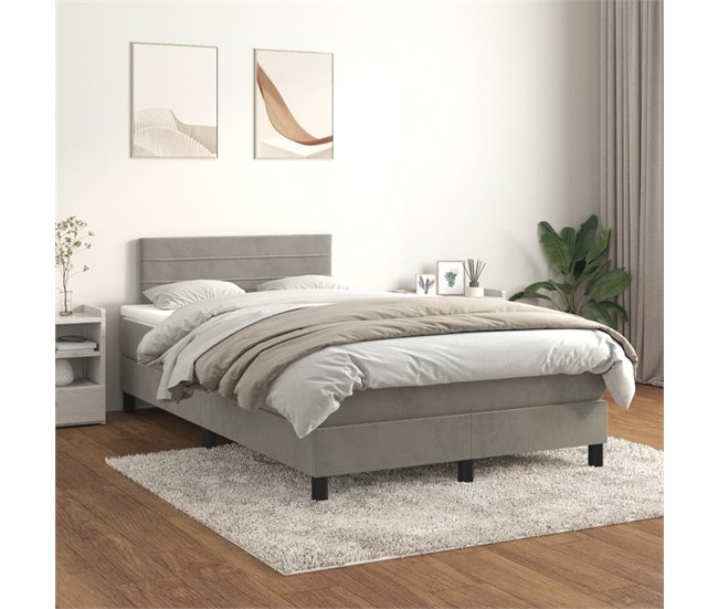Conforama Cama Box Spring Con Colchón Terciopelo Gris Claro 120x200 Cm Rayas Horizontales