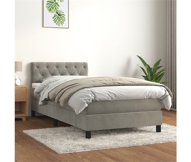 Conforama Cama Box Spring Con Colchón Terciopelo Gris Claro 80x200 Cm Diseño De Botones