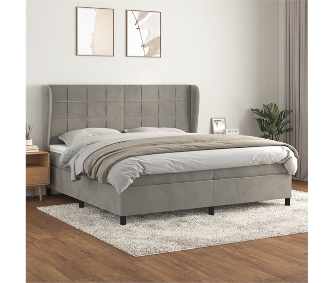 Conforama Cama Box Spring Con Colchón Terciopelo Gris Claro 200x200 Cm Bloques Con Cuadros