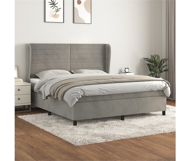 Conforama Cama Box Spring Con Colchón Terciopelo Gris Claro 160x200 Cm Rayas Horizontales