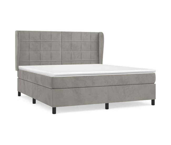 Conforama Cama box spring con colchón terciopelo gris claro 180x200 cm Bloques con cuadros