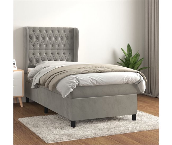 Conforama Cama Box Spring Con Colchón Terciopelo Gris Claro 80x200 Cm Diseño De Botones