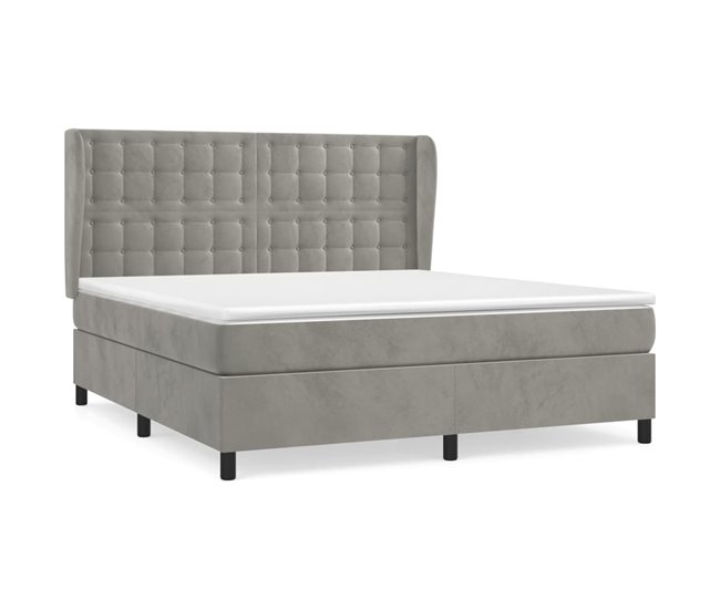 Conforama Cama box spring con colchón terciopelo gris claro 160x200 cm Botones