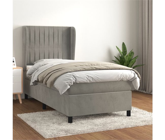 Conforama Cama Box Spring Con Colchón Terciopelo Gris Claro 80x200 Cm Rayas Verticales