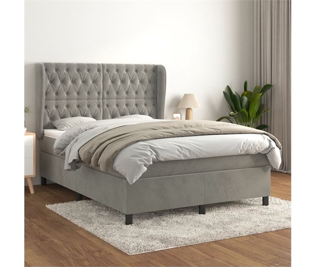 Conforama Cama Box Spring Con Colchón Terciopelo Gris Claro 140x200 Cm Diseño De Botones