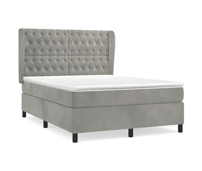 Conforama Cama box spring con colchón terciopelo gris claro 140x200 cm Diseño de botones