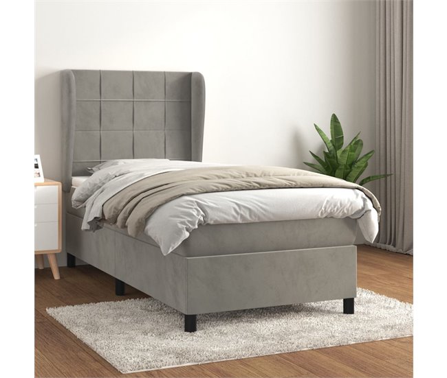 Conforama Cama Box Spring Con Colchón Terciopelo Gris Claro 100x200 Cm Bloques Con Cuadros