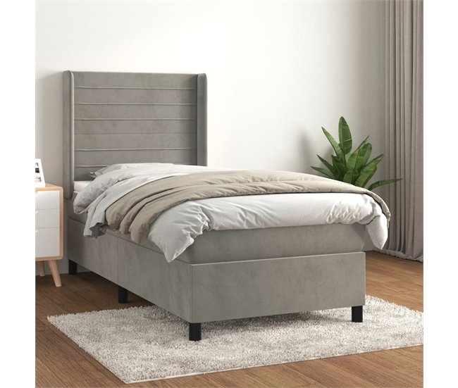 Conforama Cama Box Spring Con Colchón Terciopelo Gris Claro 90x190 Cm Rayas Horizontales