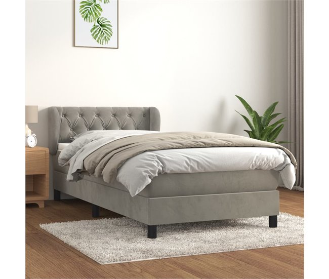 Conforama Cama Box Spring Con Colchón Terciopelo Gris Claro 80x200 Cm Diseño De Botones