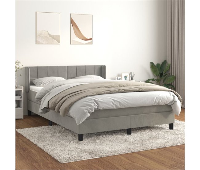 Conforama Cama Box Spring Con Colchón Terciopelo Gris Claro 140x190 Cm Bloques Con Cuadros