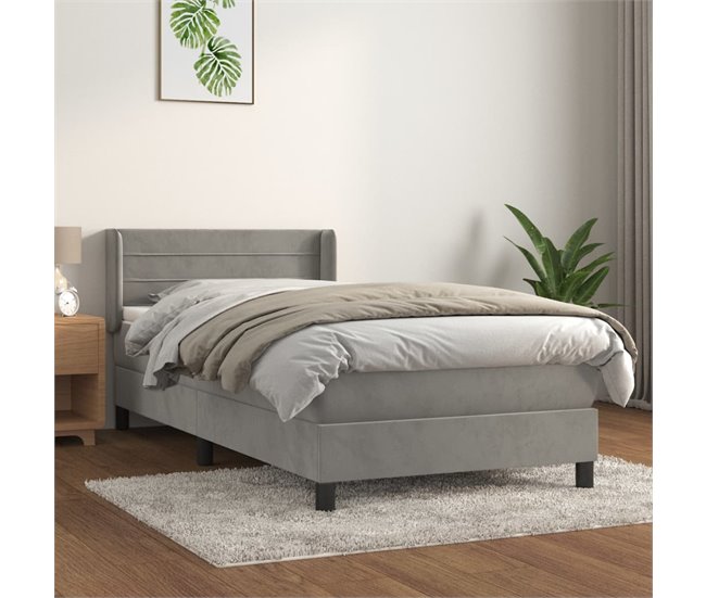 Conforama Cama Box Spring Con Colchón Terciopelo Gris Claro 90x190 Cm Rayas Horizontales