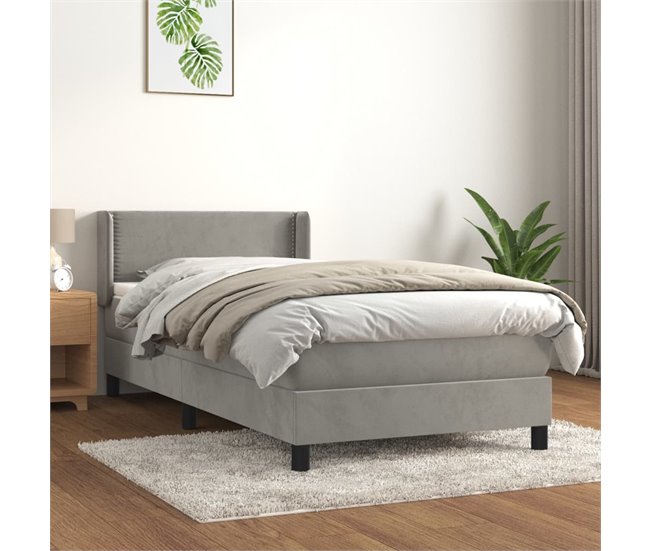 Conforama Cama Box Spring Con Colchón Terciopelo Gris Claro 90x190 Cm Liso Con Clavos