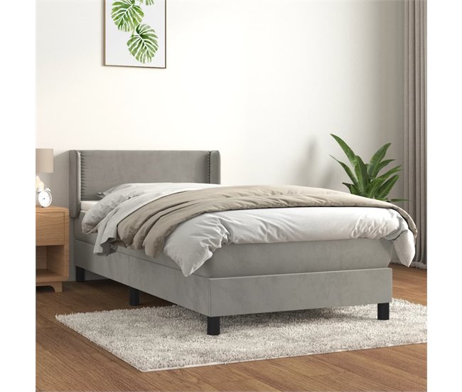 Conforama Cama Box Spring Con Colchón Terciopelo Gris Claro 90x190 Cm Liso Con Clavos