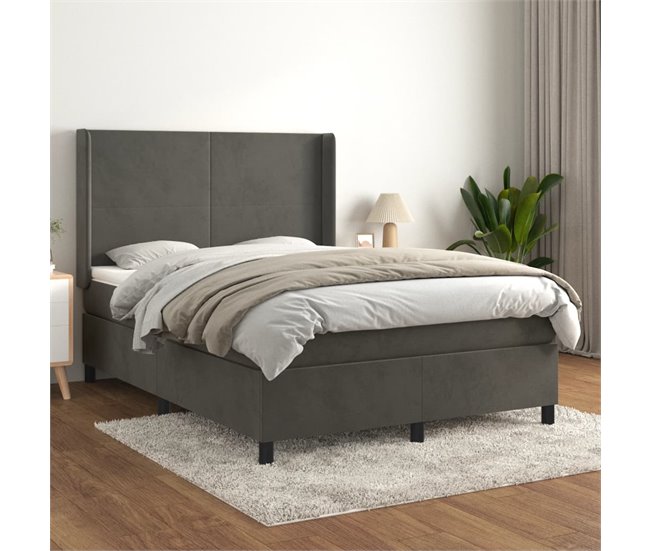 Conforama Cama Box Spring Con Colchón Terciopelo Gris Oscuro 140x190 Cm Diseño Plano