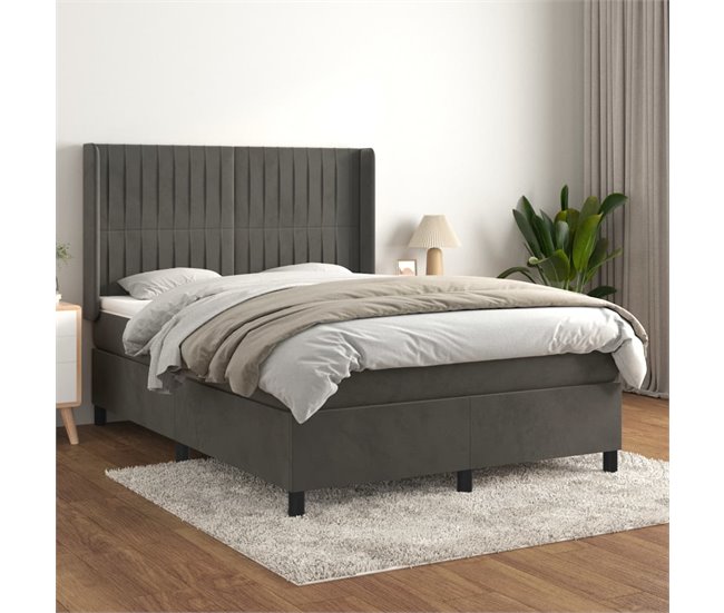 Conforama Cama Box Spring Con Colchón Terciopelo Gris Oscuro 140x200 Cm Rayas Verticales