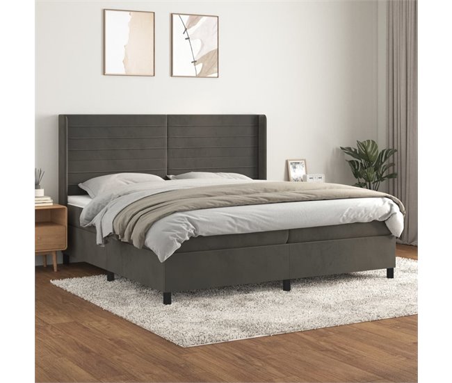 Conforama Cama Box Spring Con Colchón Terciopelo Gris Oscuro 200x200 Cm Rayas Horizontales