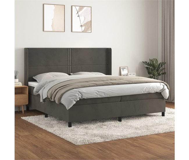 Conforama Cama Box Spring Con Colchón Terciopelo Gris Oscuro 200x200 Cm Liso Con Clavos