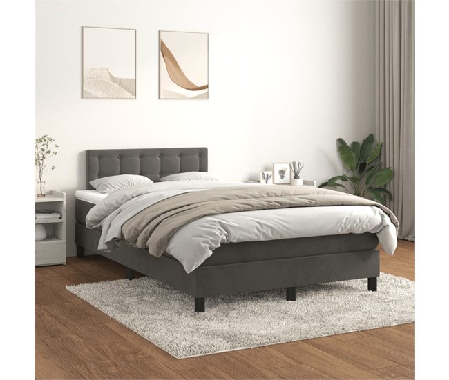 Conforama Cama Box Spring Con Colchón Terciopelo Gris Oscuro 120x200 Cm Botones