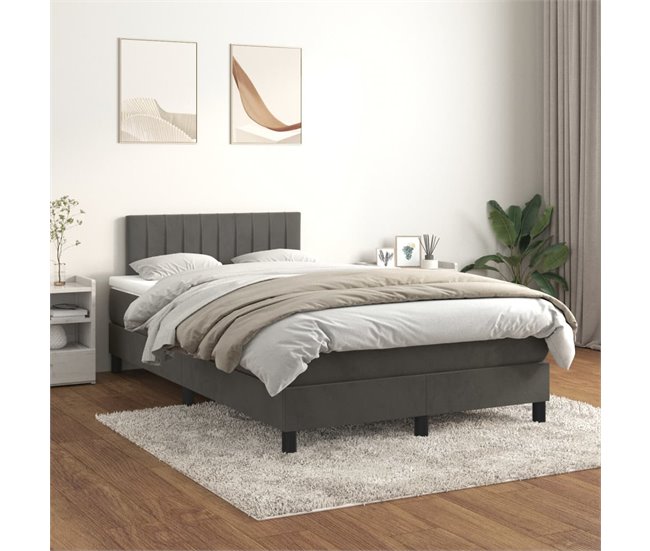 Conforama Cama Box Spring Con Colchón Terciopelo Gris Oscuro 120x200 Cm Rayas Verticales