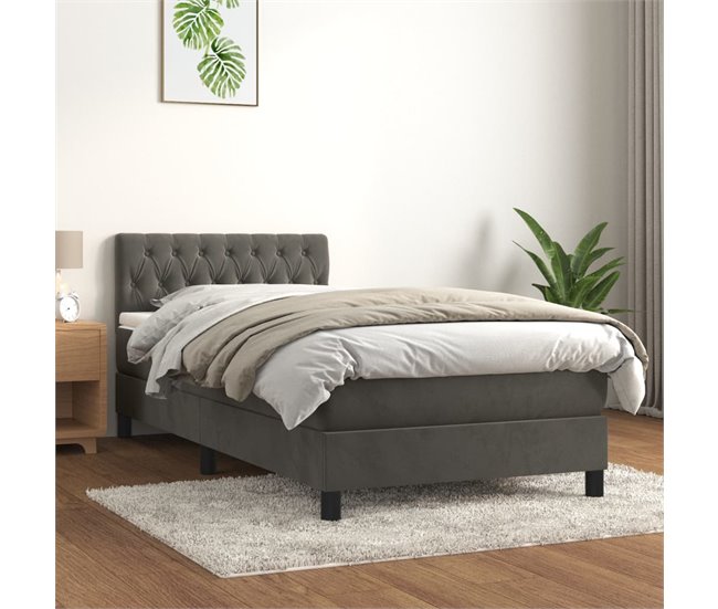Conforama Cama Box Spring Con Colchón Terciopelo Gris Oscuro 100x200 Cm Diseño De Botones