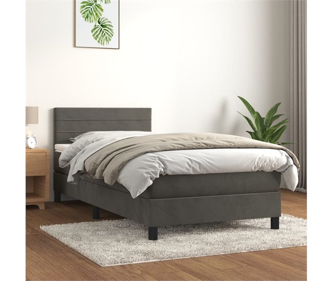 Conforama Cama Box Spring Con Colchón Terciopelo Gris Oscuro 90x200 Cm Rayas Horizontales
