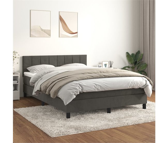 Conforama Cama Box Spring Con Colchón Terciopelo Gris Oscuro 140x190 Cm Bloques Con Cuadros