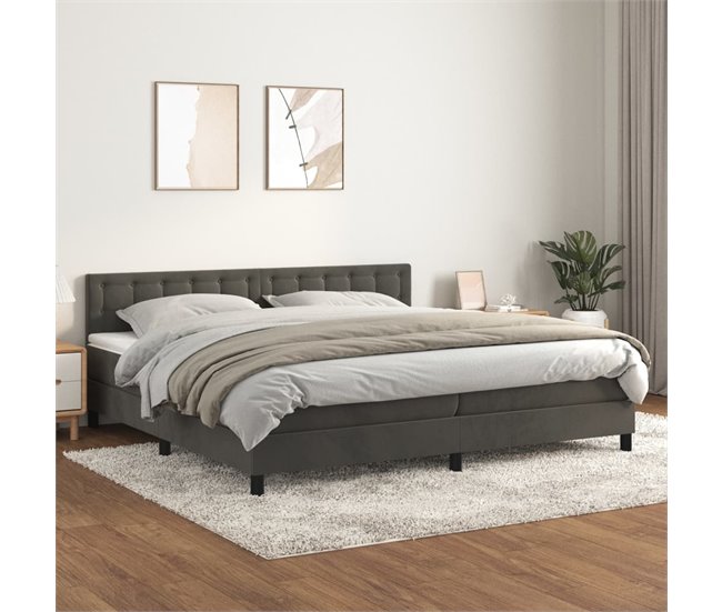 Conforama Cama Box Spring Con Colchón Terciopelo Gris Oscuro 200x200 Cm Botones