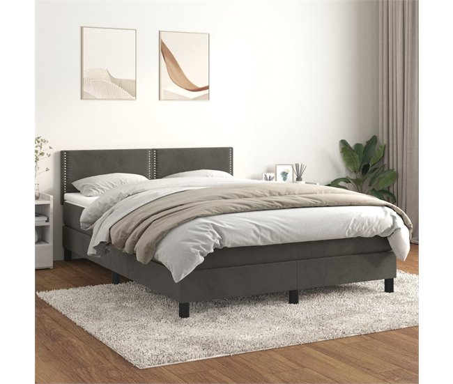 Conforama Cama Box Spring Con Colchón Terciopelo Gris Oscuro 140x190 Cm Liso Con Clavos