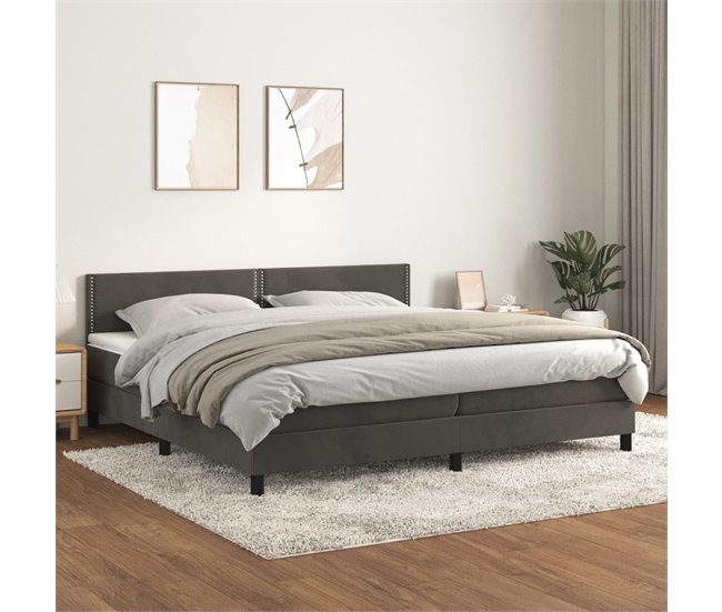 Conforama Cama Box Spring Con Colchón Terciopelo Gris Oscuro 200x200 Cm Liso Con Clavos