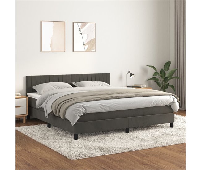 Conforama Cama Box Spring Con Colchón Terciopelo Gris Oscuro 180x200 Cm Rayas Verticales