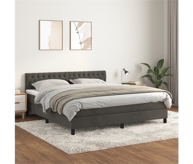 Conforama Cama Box Spring Con Colchón Terciopelo Gris Oscuro 180x200 Cm Diseño De Botones