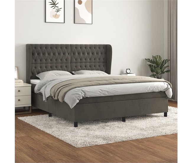 Conforama Cama Box Spring Con Colchón Terciopelo Gris Oscuro 180x200 Cm Diseño De Botones