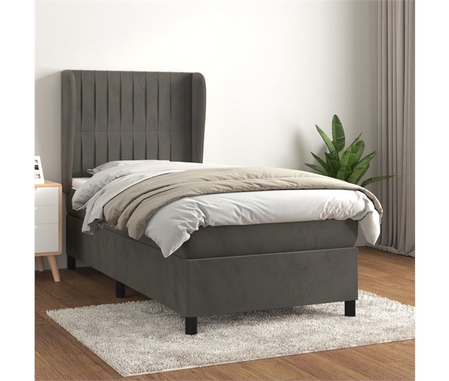 Conforama Cama Box Spring Con Colchón Terciopelo Gris Oscuro 90x200 Cm Rayas Verticales